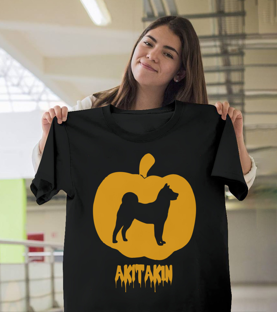 Akita Kin Silhouette Inside Pumpkin Shape T-Shirt
