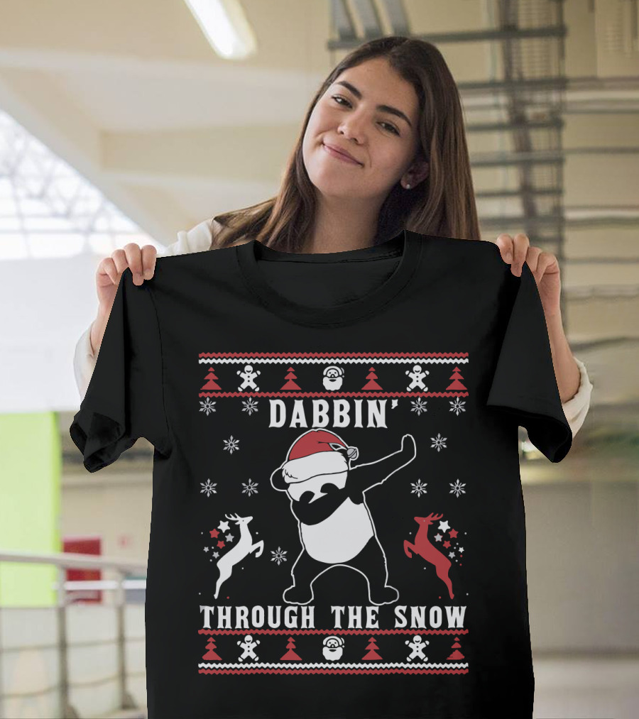 Dabbin' Through The Snow Panda With Santa Hat And Festive Reindeer T-Shirt