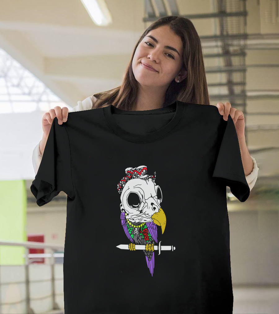 Bird Skull with Tattoo Style Dagger and Colorful Feathers Halloween T-Shirt