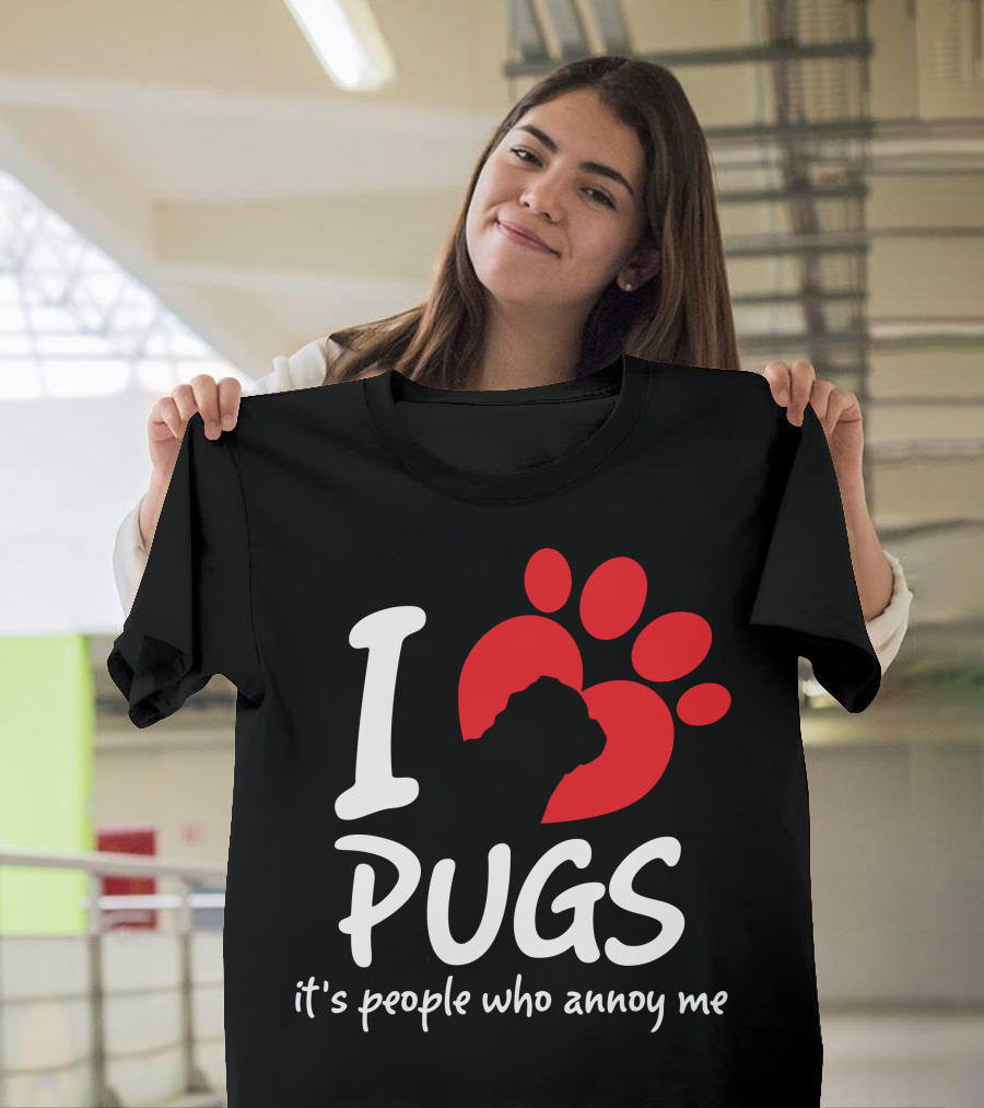 I Love Pugs It's People Who Annoy Me Red Paw Prints T-Shirt