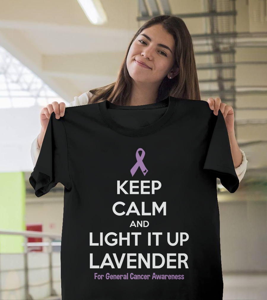 Keep Calm And Light It Up Lavender Purple Ribbon For General Cancer Awareness T-Shirt