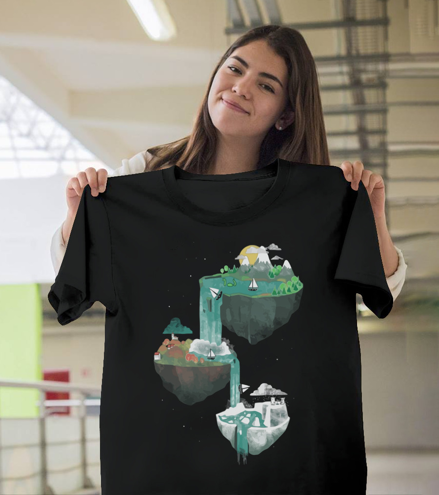 Well Seasoned Floating Islands Adventure with Waterfalls, Boats, and Mountains T-Shirt