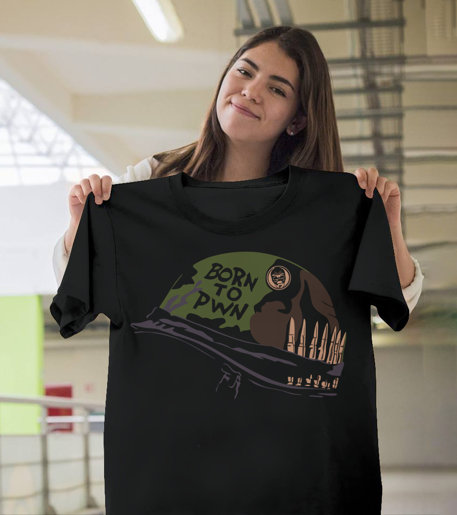 Born to PWN Slogan on Military Helmet with Bullets and Mask Badge T-Shirt