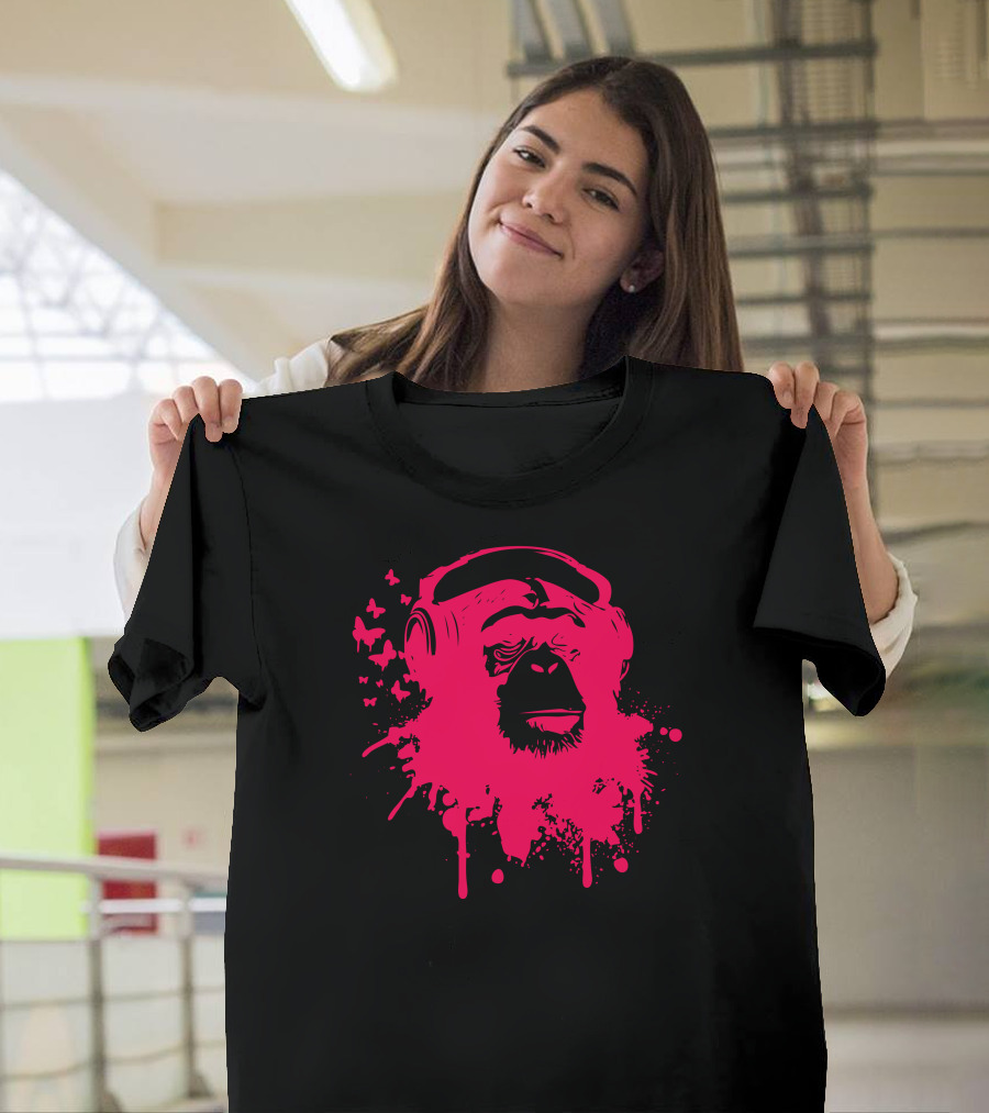 Party Animal Headphones Pink Splatter Chimpanzee T-Shirt