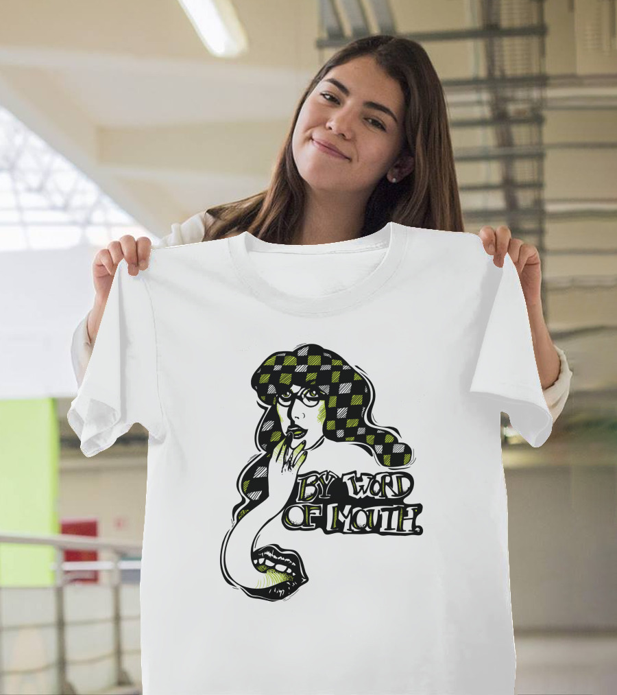By Word of Mouth Green Checkered Woman with Mysterious Expression T-Shirt