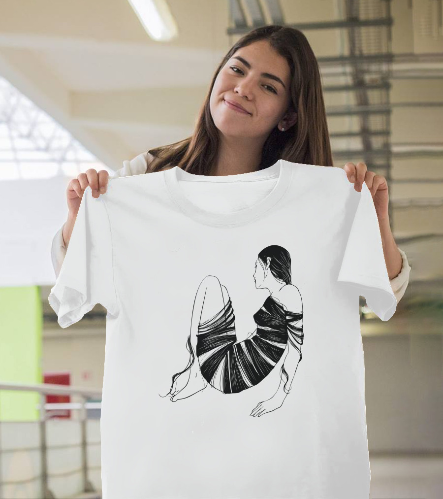 Hair Cloth Wrapped Figure Sitting Profile T-Shirt