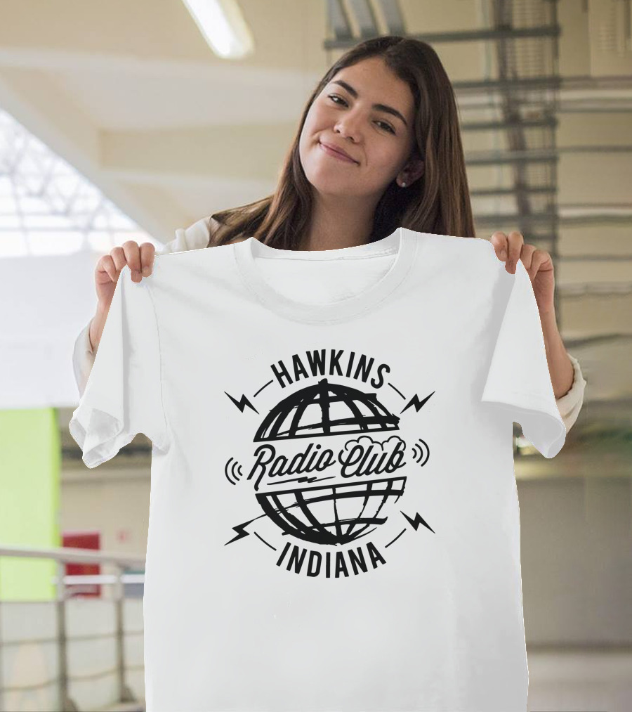 Hawkins Indiana Radio Club Globe with Lightning Bolts T-Shirt