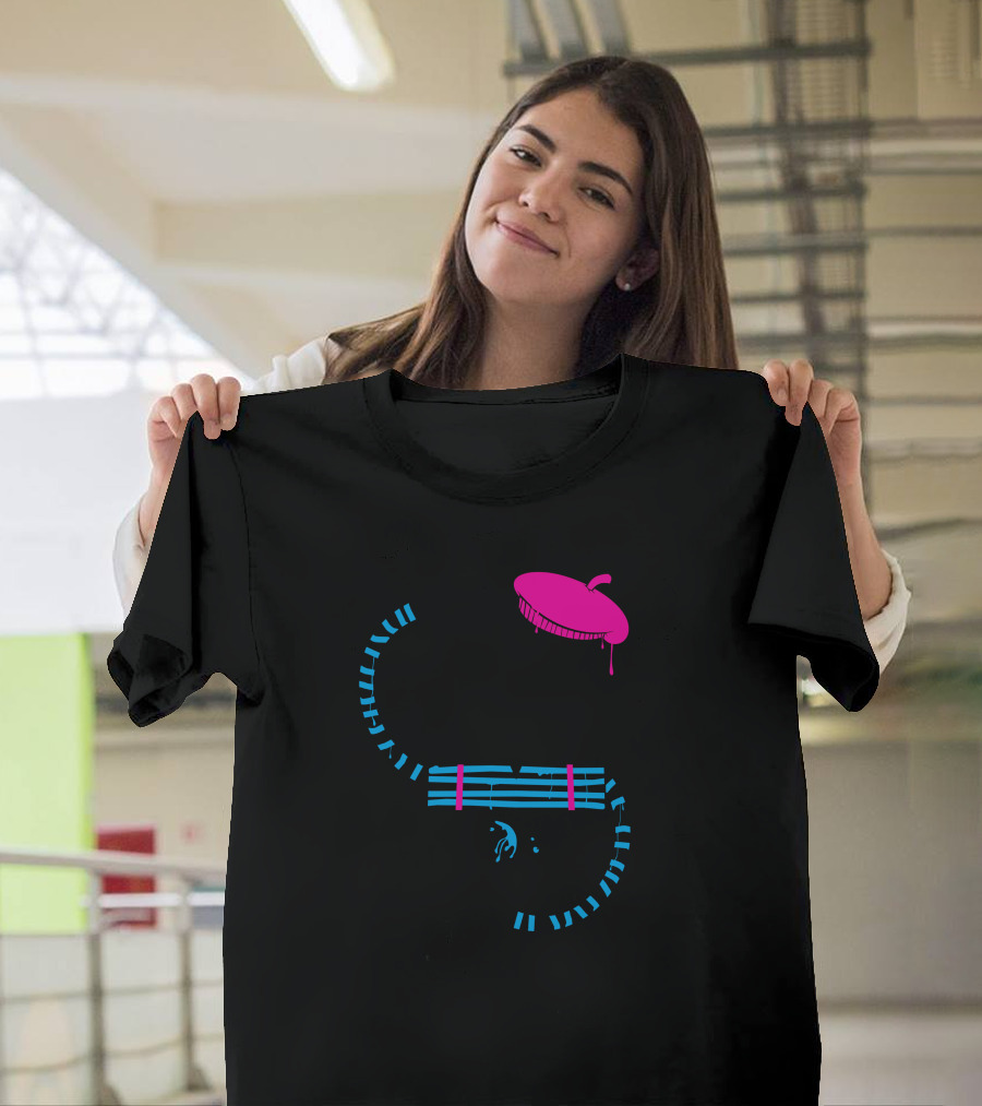 Self Portrait Abstract Artist with Pink Beret and Blue Stripes T-Shirt