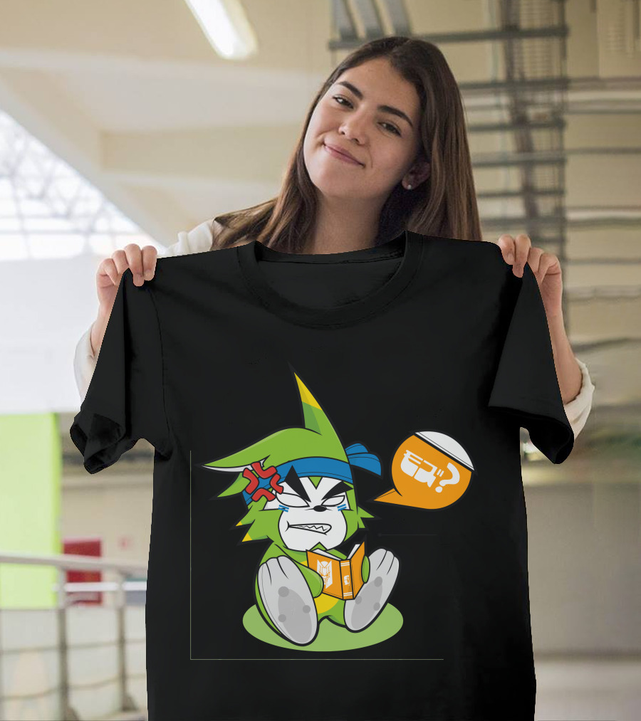 Rufu The Green Wolf Reading Comic with Speech Bubble and Angry Expression T-Shirt