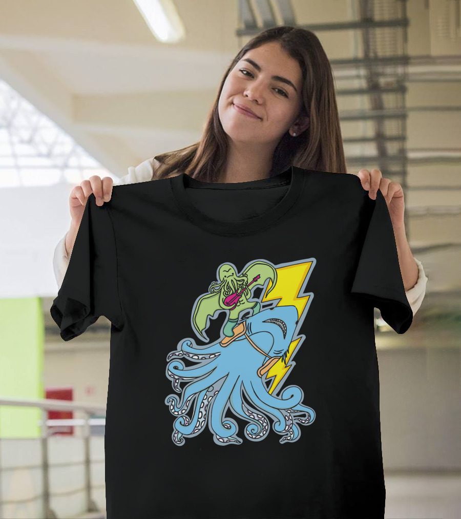 Sharktopus Tamer Rocking Guitar with Lightning Bolt and Monster Riding Scene T-Shirt