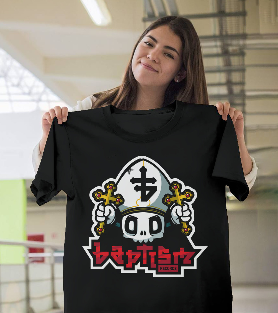 Baptism Records Skull with Crosses and Mitre T-Shirt