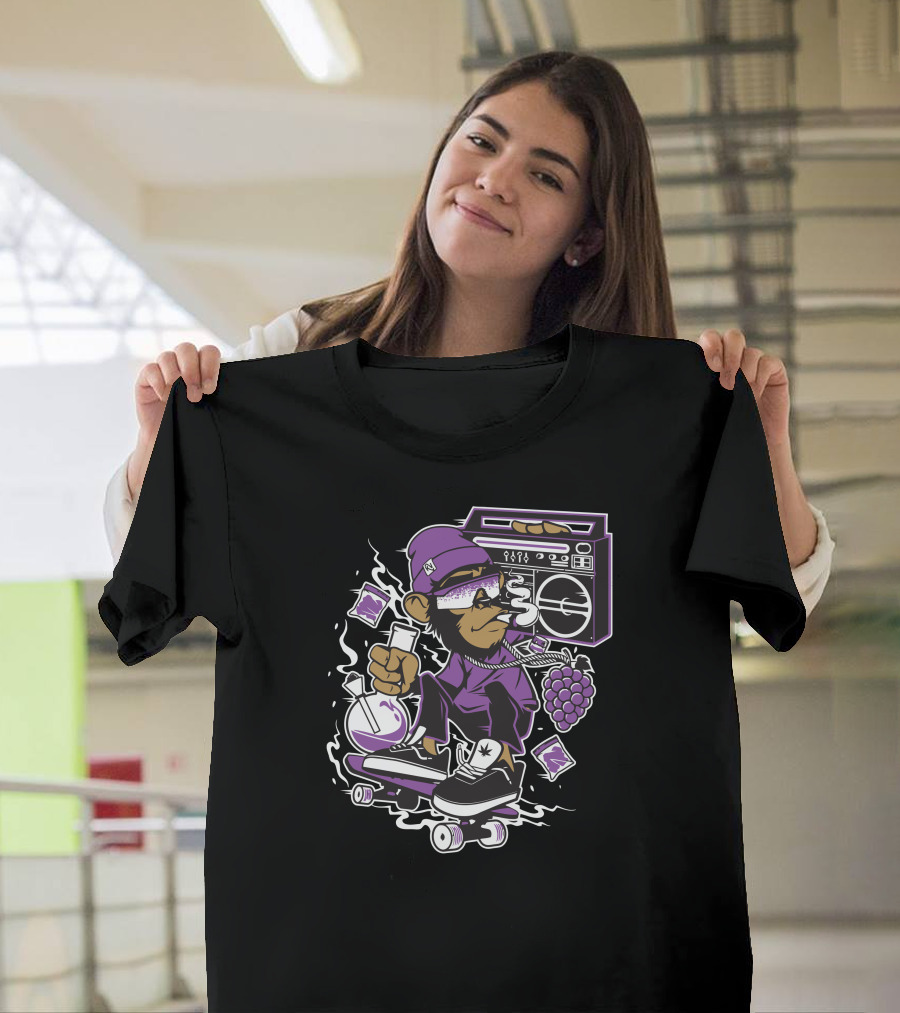 Skateboarding Monkey with Boombox and Lab Flask in Purple Attire T-Shirt