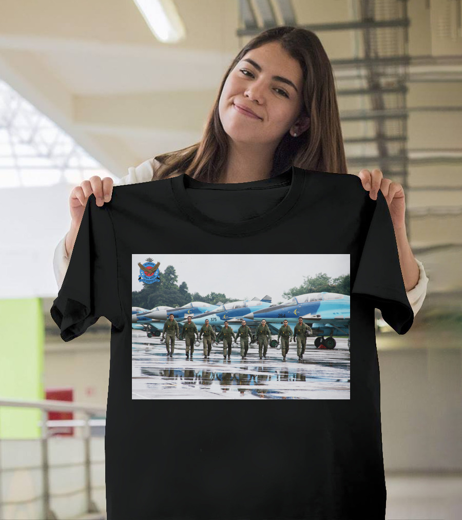 Bangladesh Air Force Squadron in Flight Suits Walking in Front of Blue Camouflage Mig Fighters T-Shirt