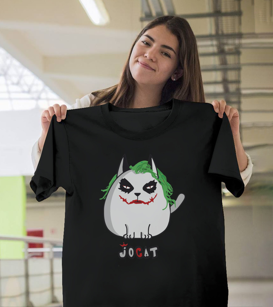 JoCat Joker Cat Face with Green Hair and Red Smile T-Shirt
