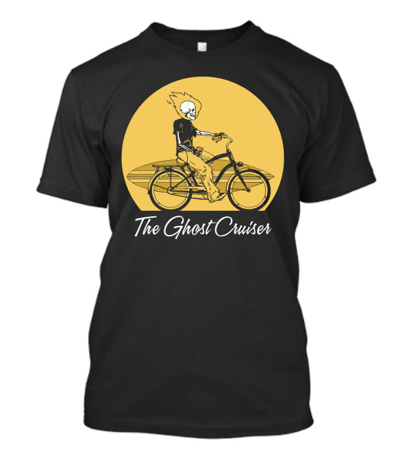 The Ghost Cruiser Skeleton Riding Bicycle With Surfboard In Yellow Moon Background T-Shirt