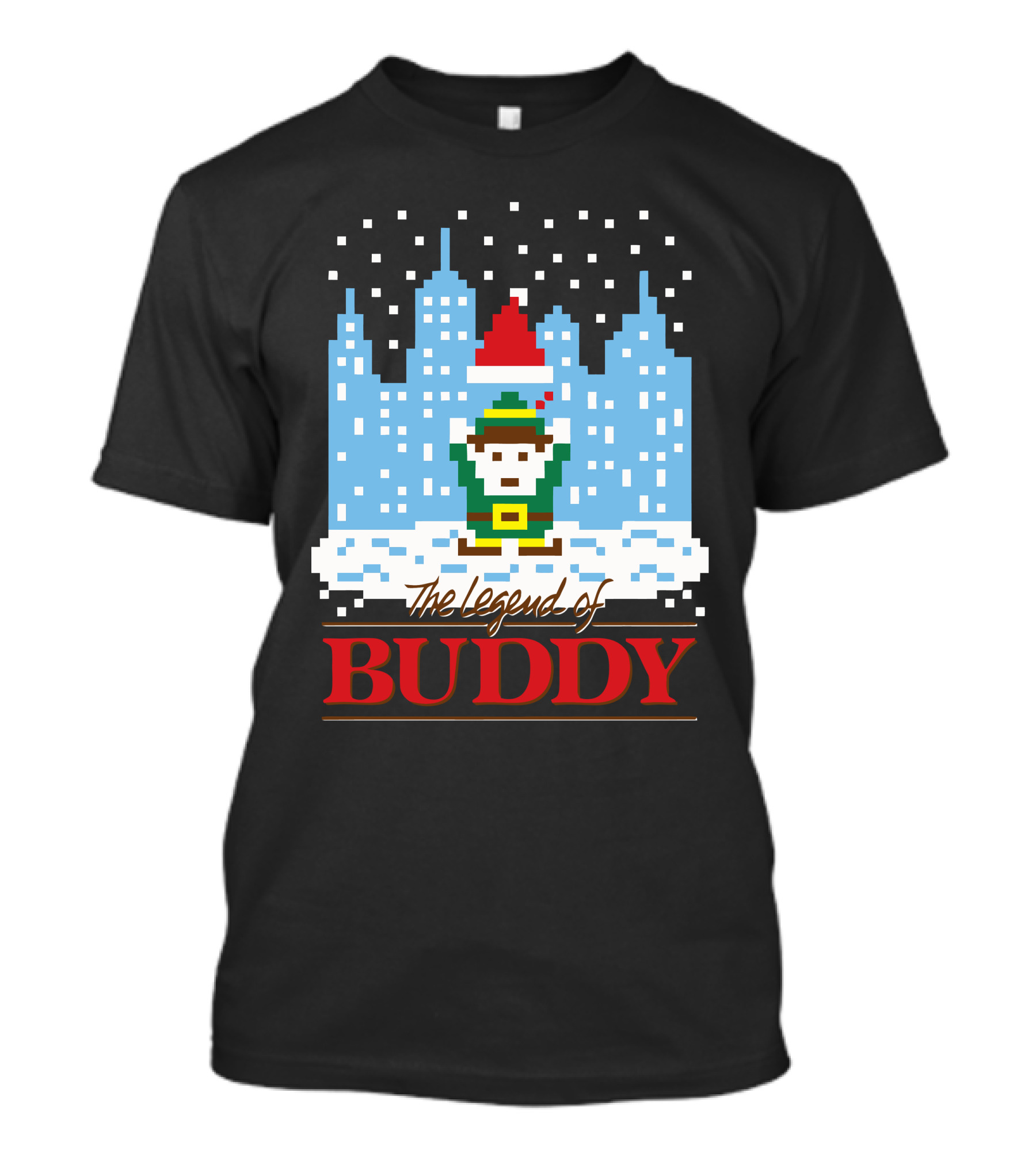 The Legend Of Buddy Pixel Elf Adventure In Snowy Cityscape T-Shirt