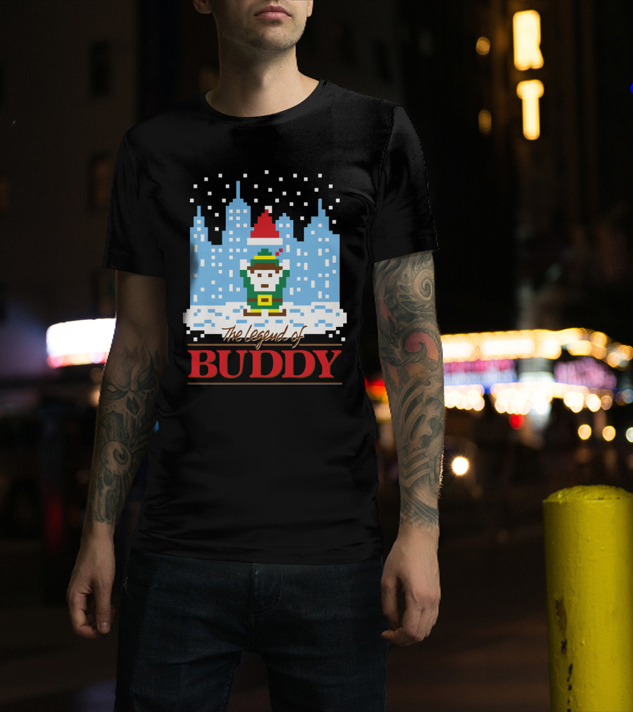 The Legend Of Buddy Pixel Elf Adventure In Snowy Cityscape T-Shirt