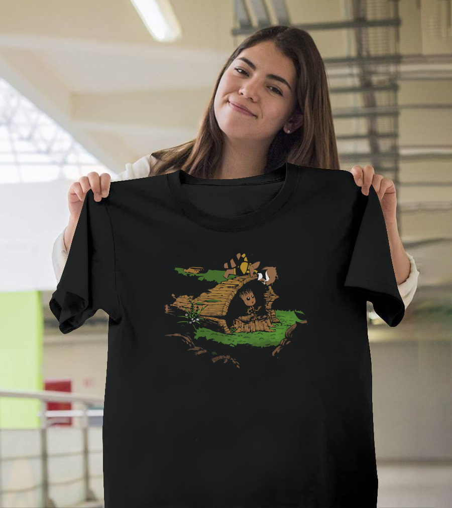 The Tree and The Raccoon in a Hollow Log with Forest Horizon T-Shirt