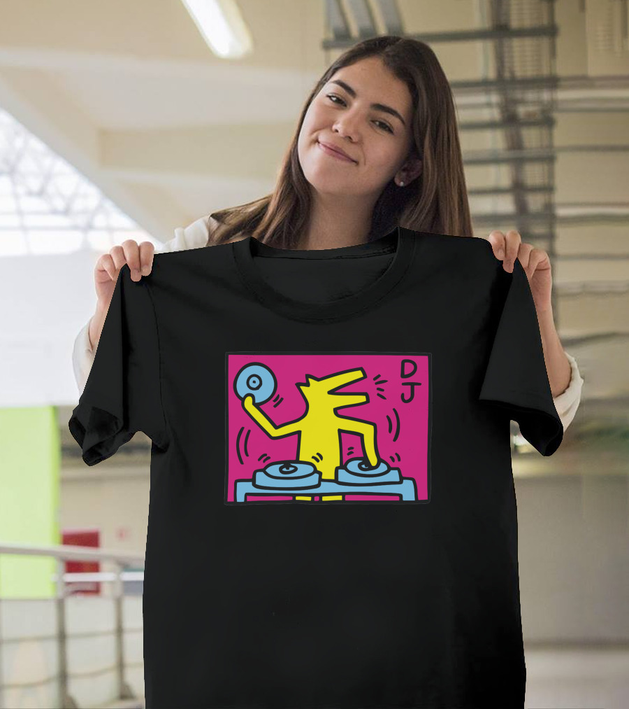 DJ Keith Haring 05 Vibrant Artwork with Yellow Character Spinning Records T-Shirt