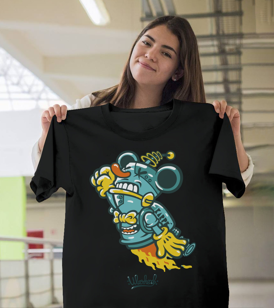 Wohead Cartoon Rocket Mouse with Metal Helmet and Flames T-Shirt
