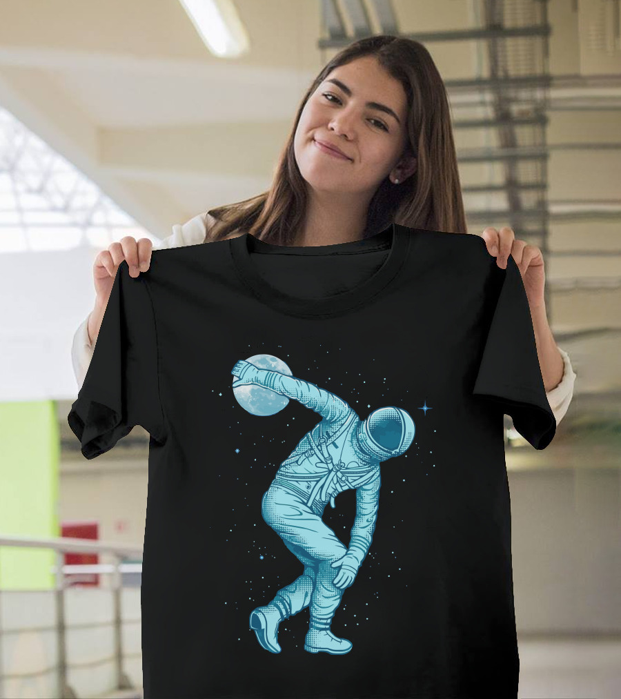 Astronaut Throwing Moon in Space Discus T-Shirt