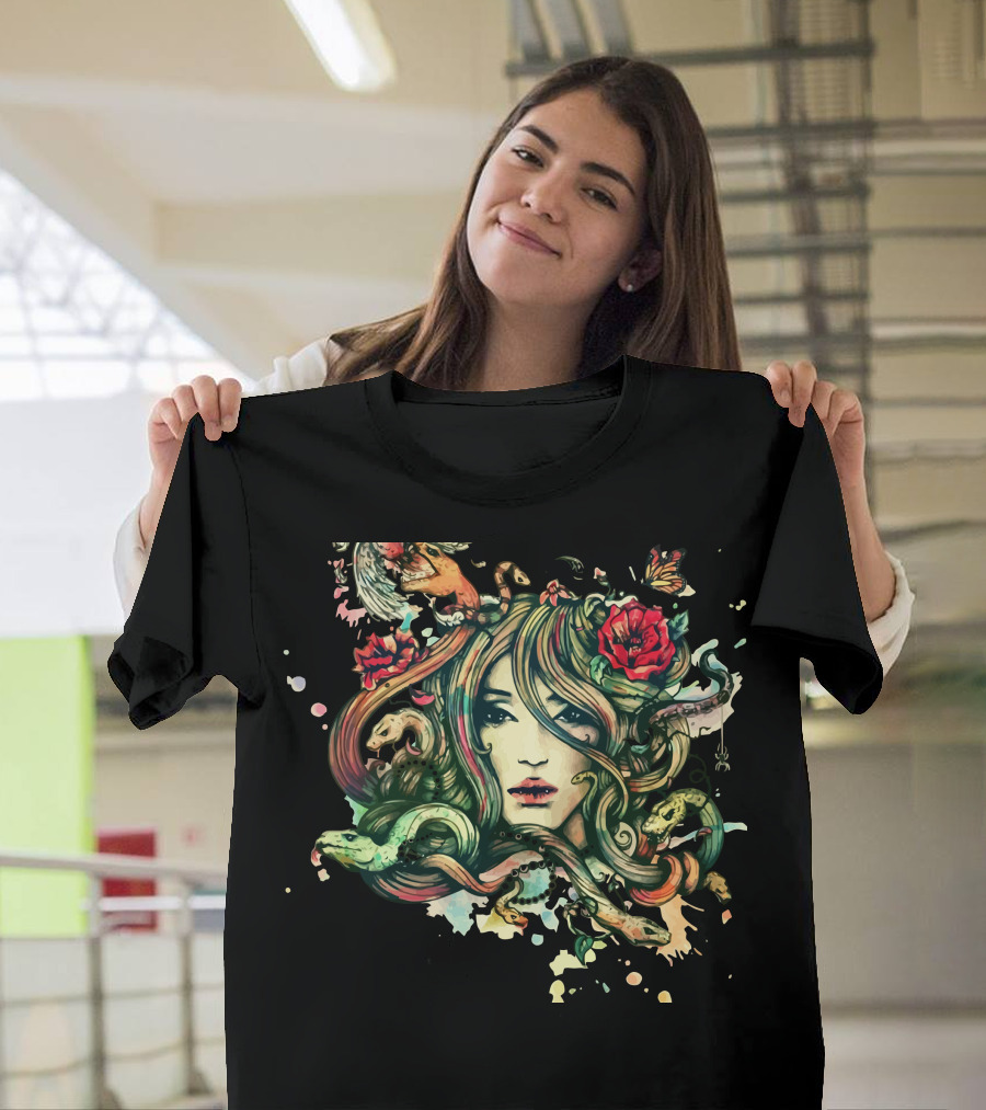 Beauty Before Death Enchanting Medusa with Snakes and Roses T-Shirt