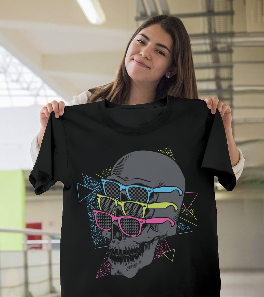 Skull with Layered Sunglasses and Geometric Neon Accents T-Shirt
