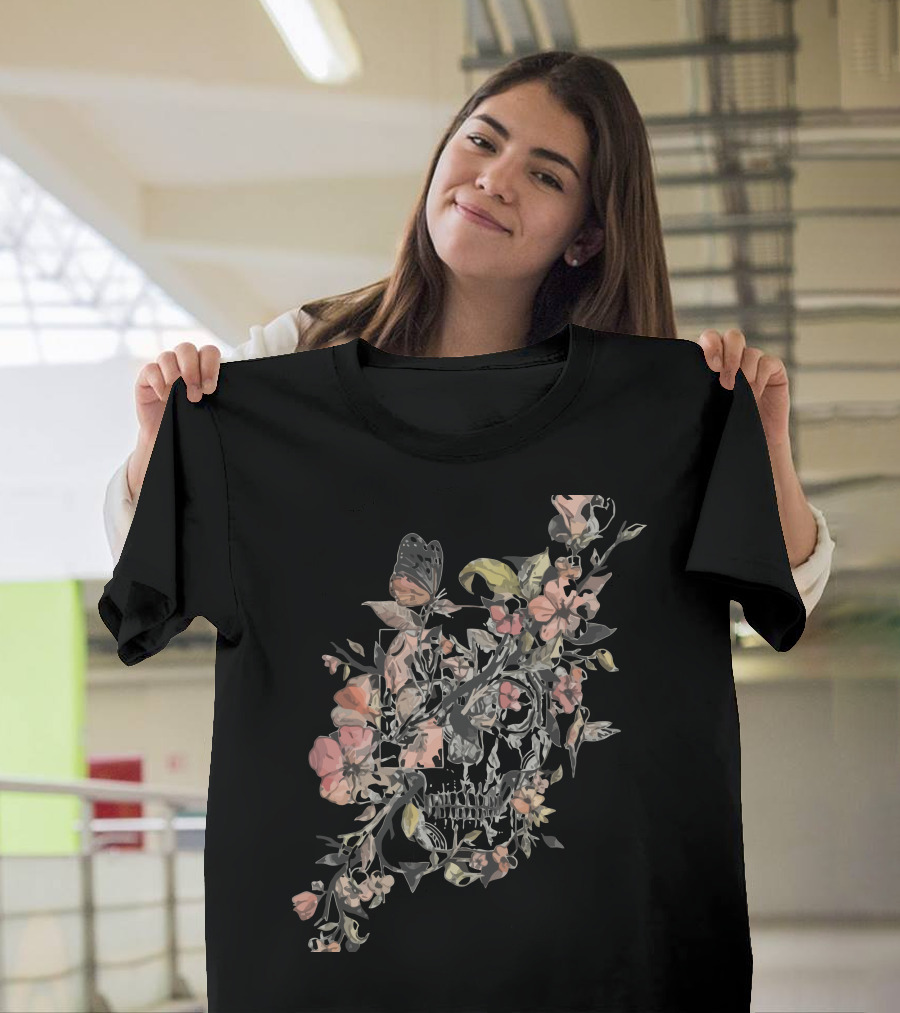 La Dolce Vita Skull with Floral and Butterfly Elements T-Shirt