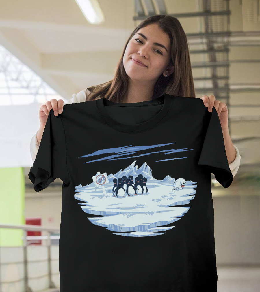 Penguins Gathering with No Bowling Sign on Iceberg T-Shirt
