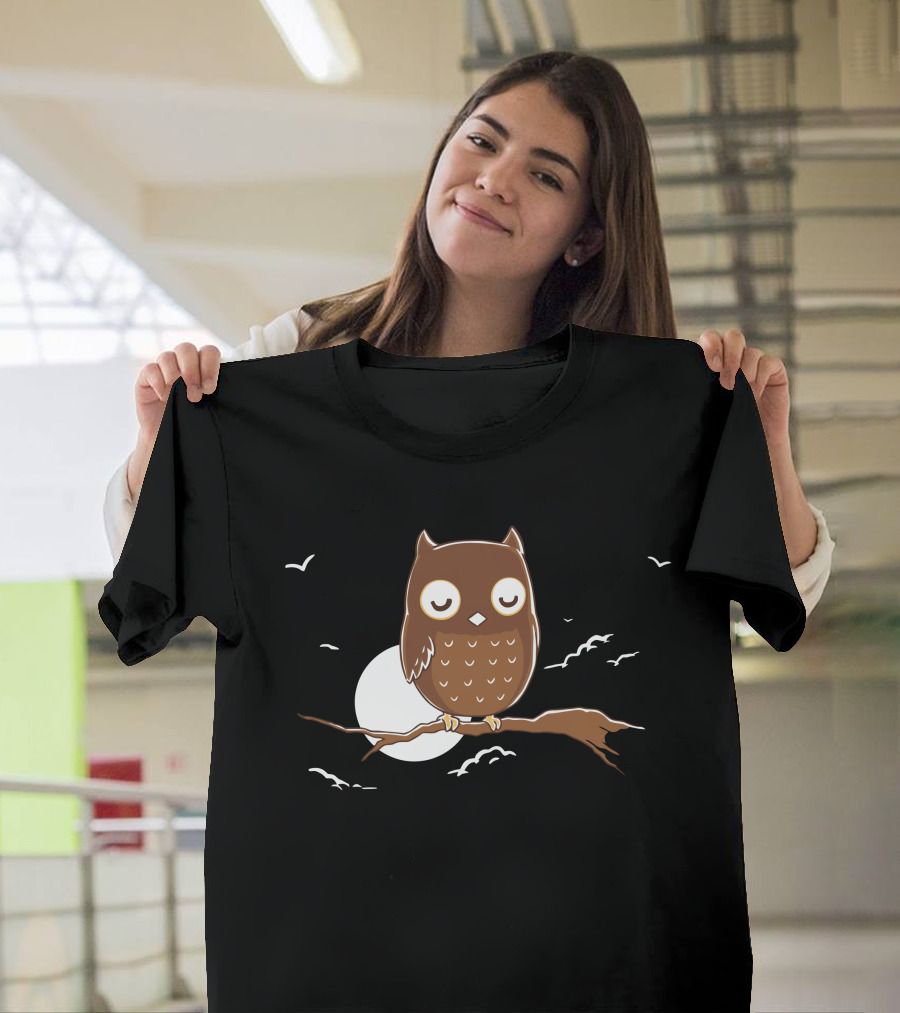 Nocturnowl Owl on Branch with Full Moon and Flying Birds T-Shirt