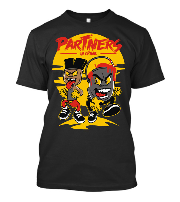 Partners In Crime Cartoon Characters With Headphones And Moustache T-Shirt