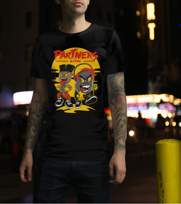 Partners In Crime Cartoon Characters With Headphones And Moustache T-Shirt