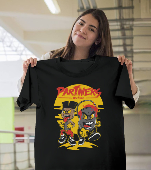 Partners In Crime Cartoon Characters With Headphones And Moustache T-Shirt