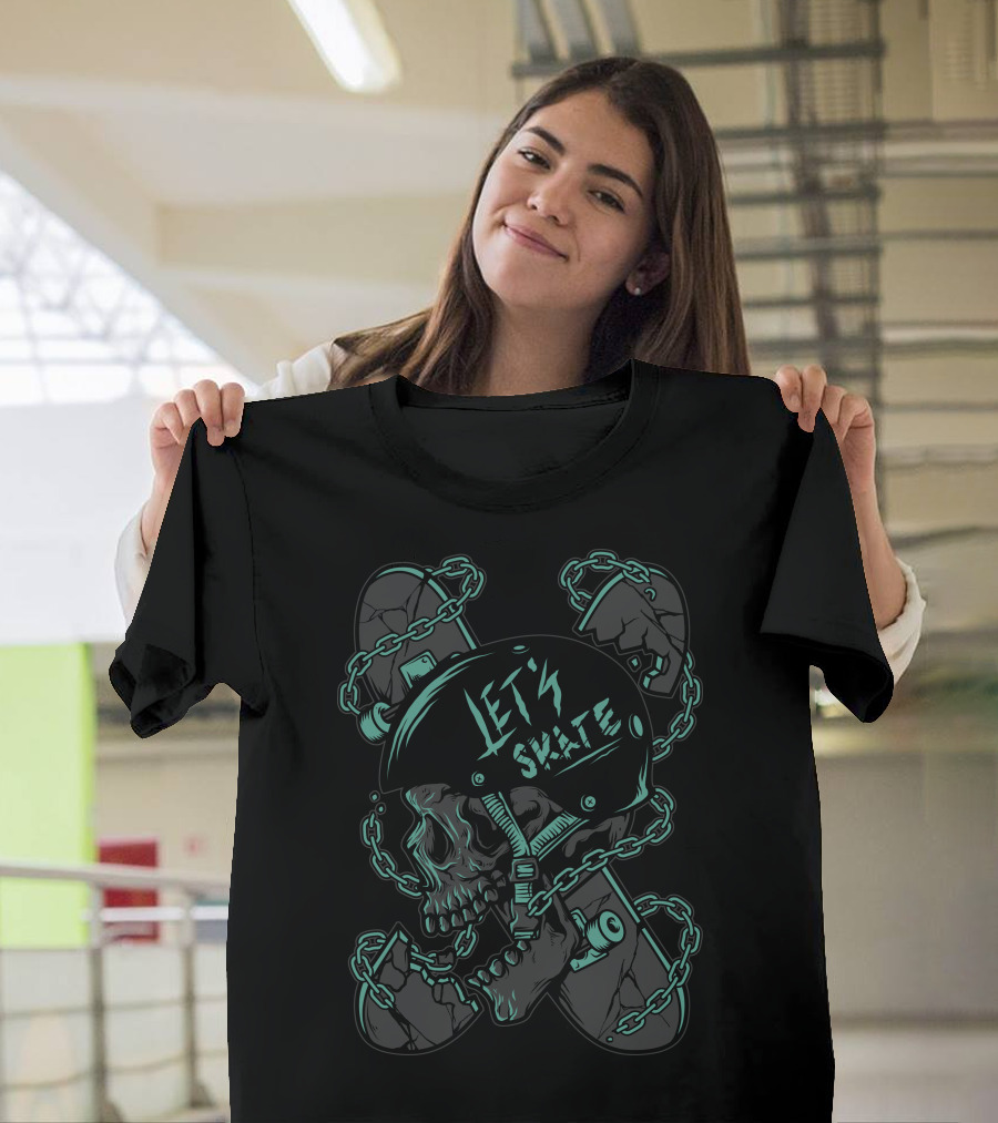 LET'S SKATE SKULLBOARDER CHAINED SKATEBOARDS T-Shirt