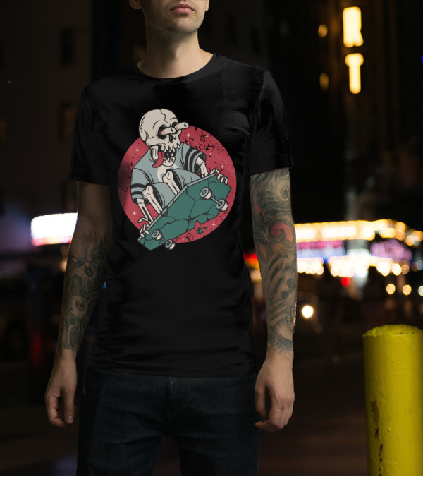 Skullboarding Skeleton Skateboarder With Red Circle Background T-Shirt