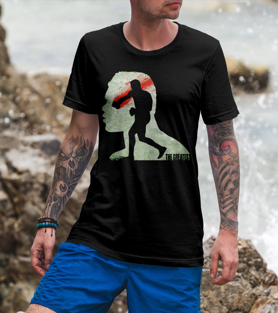 The Greatest Boxer Silhouette With Bold Red And Green Abstract Background T-Shirt