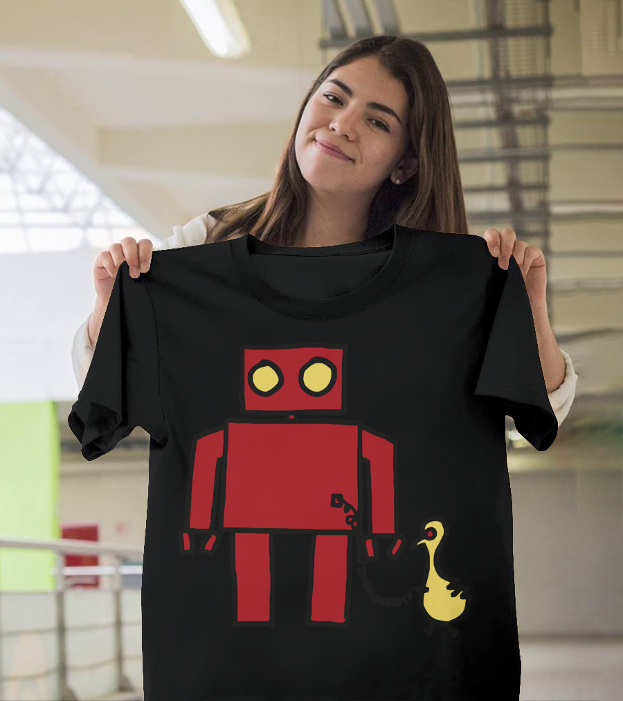 Bird Powered Robot with Red Boxy Character and Yellow Bird Companion T-Shirt