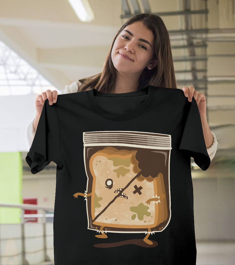 Breaaad Moldy Bread Cartoon with Bite Mark and Angry Face in a Bread Bag T-Shirt