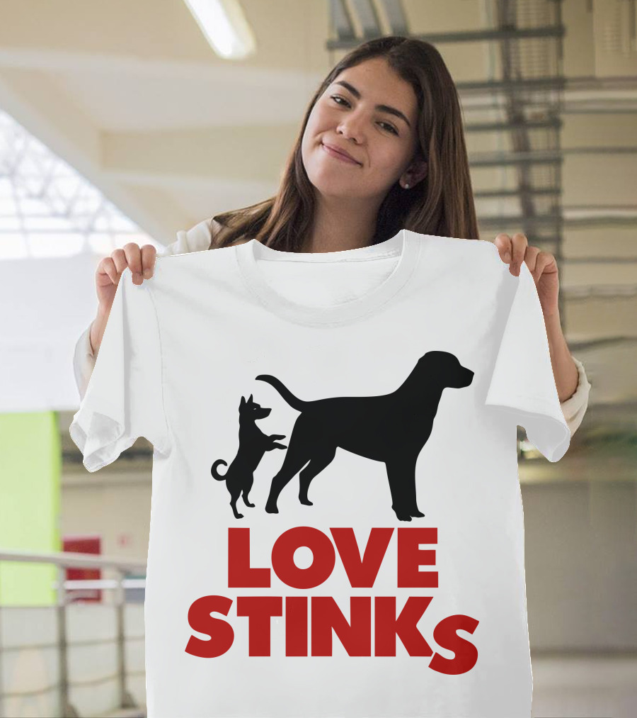 LOVE STINKS Two Dogs Silhouette Black Red Contrast T-Shirt
