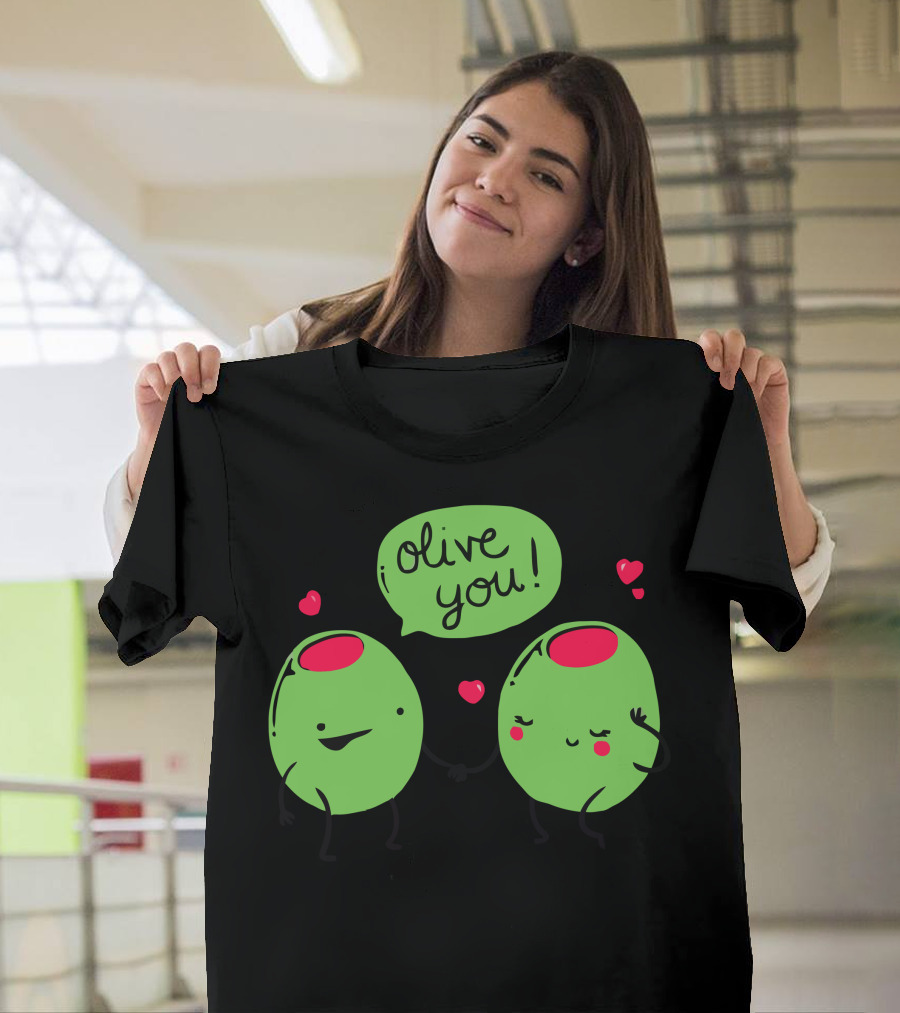 Olive You Cute Hand-Holding Cartoon with Hearts T-Shirt