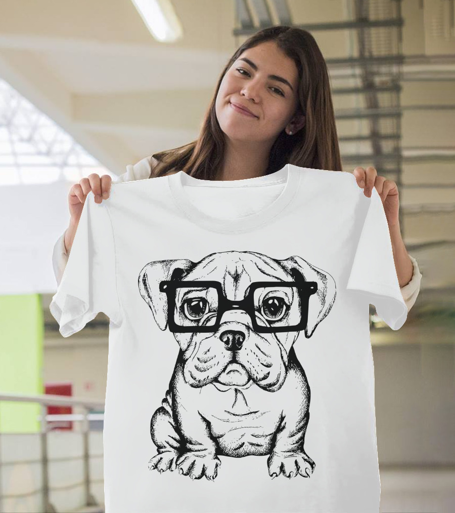 Puppy Wearing Glasses Bulldog Drawing T-Shirt