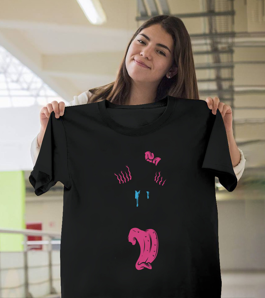 Scary Skull Melting Eyeballs Dripping Tongue Pink and Blue T-Shirt