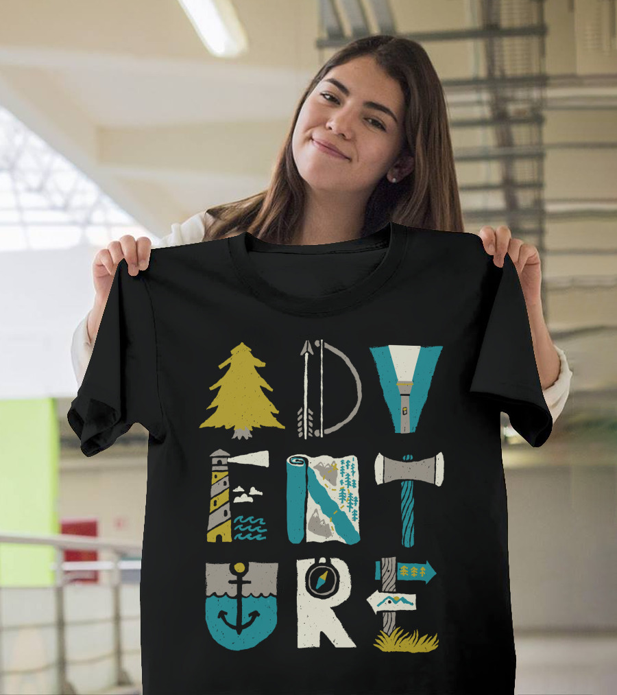 Adventure Typo Tree Arrow Torch Lighthouse Map Axe Anchor Compass Sign Mountain T-Shirt