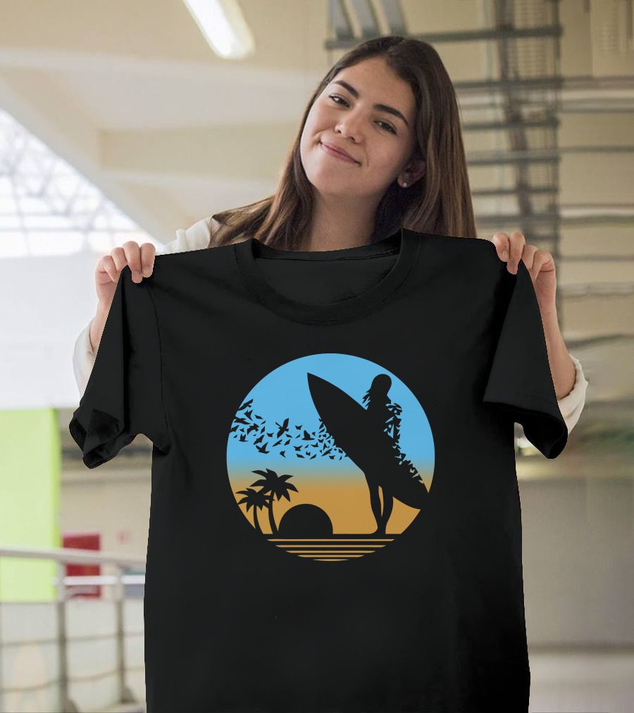 Surfer Silhouette with Birds and Palm Trees at Sunset on the Beach T-Shirt