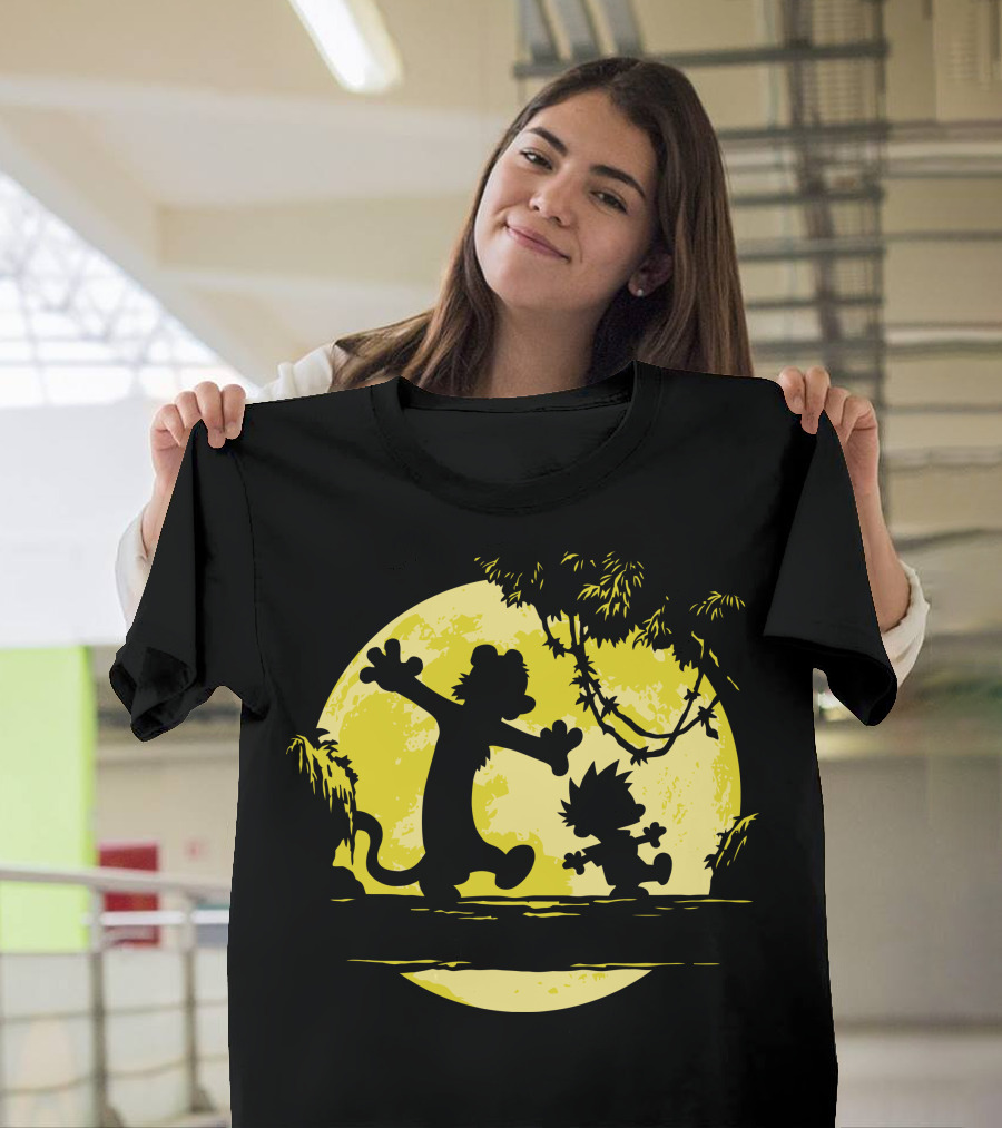 Calvin and Hobbes Dancing in Moonlit Forest T-Shirt