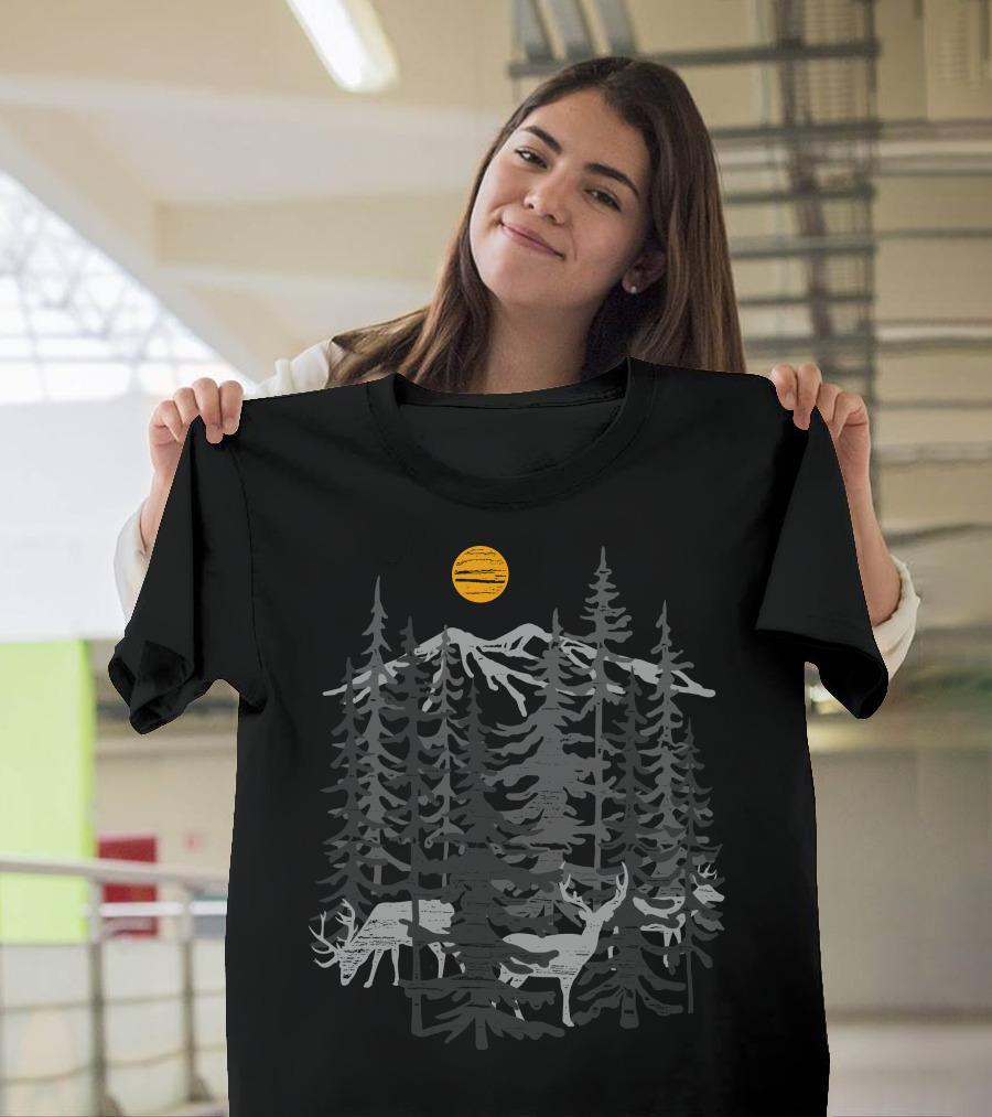 Deers In Forest With Mountains And Sun T-Shirt