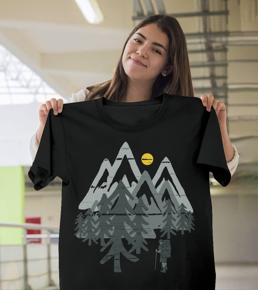 Explorer Hiking Adventure In Mountain Forest With Sun Background T-Shirt