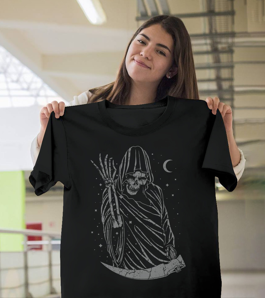Grimbae Grim Reaper Skeleton with Scythe and Crescent Moon T-Shirt