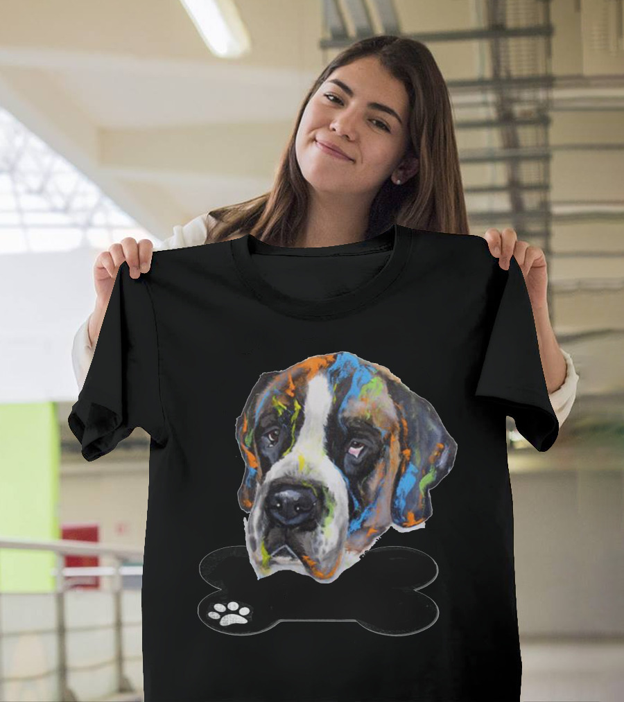 My Dog Colorful Saint Bernard Face with Bone and Paw Prints T-Shirt