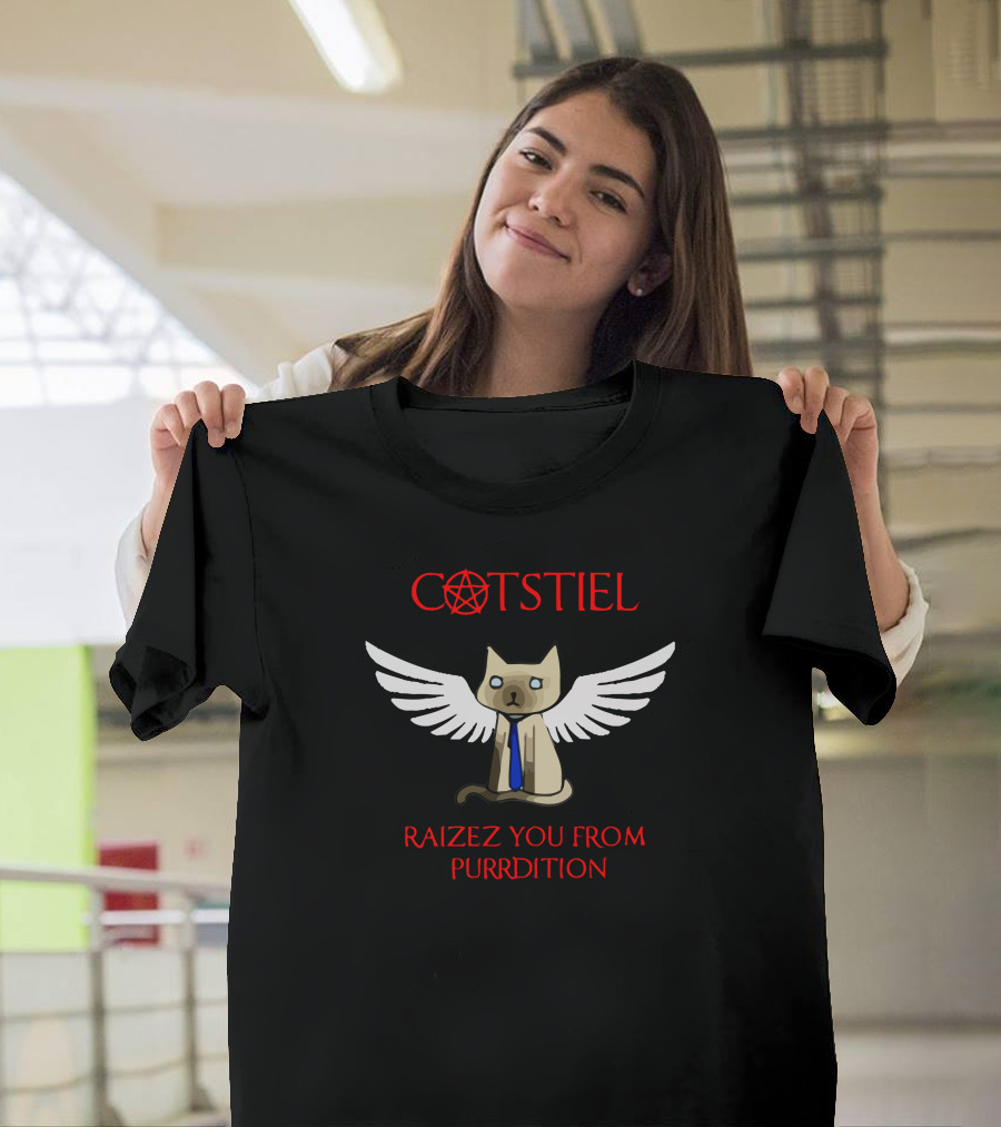 Cotstiel Raizez You From Purrdition Winged Cat with Halo and Tie T-Shirt
